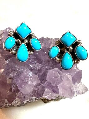 Running Bear Navajo Kingman Turquoise Cluster Sterling Silver Post Earrings